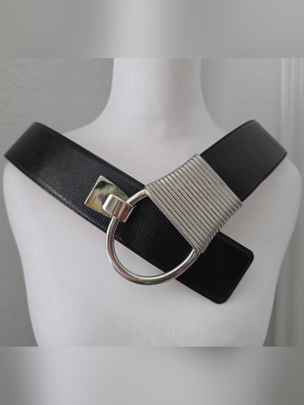 Steve Madden Wide Black Adjustable Leather Belt with Silver Buckle